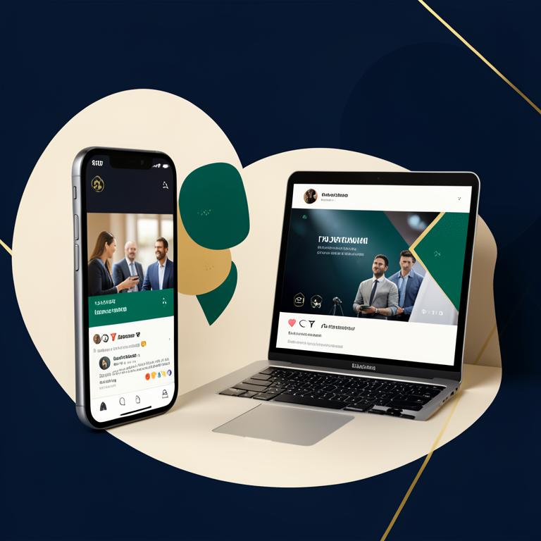 Smartphone and laptop showing conceptual social media advertisements