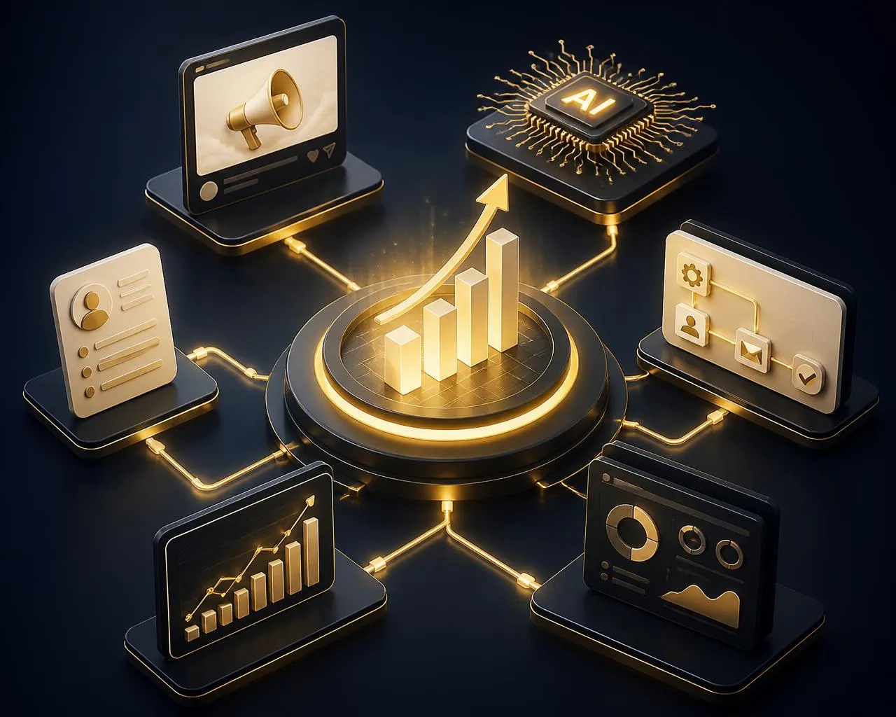 Business growth ecosystem connecting digital marketing, AI, advertising, leads, automation, sales and analytics