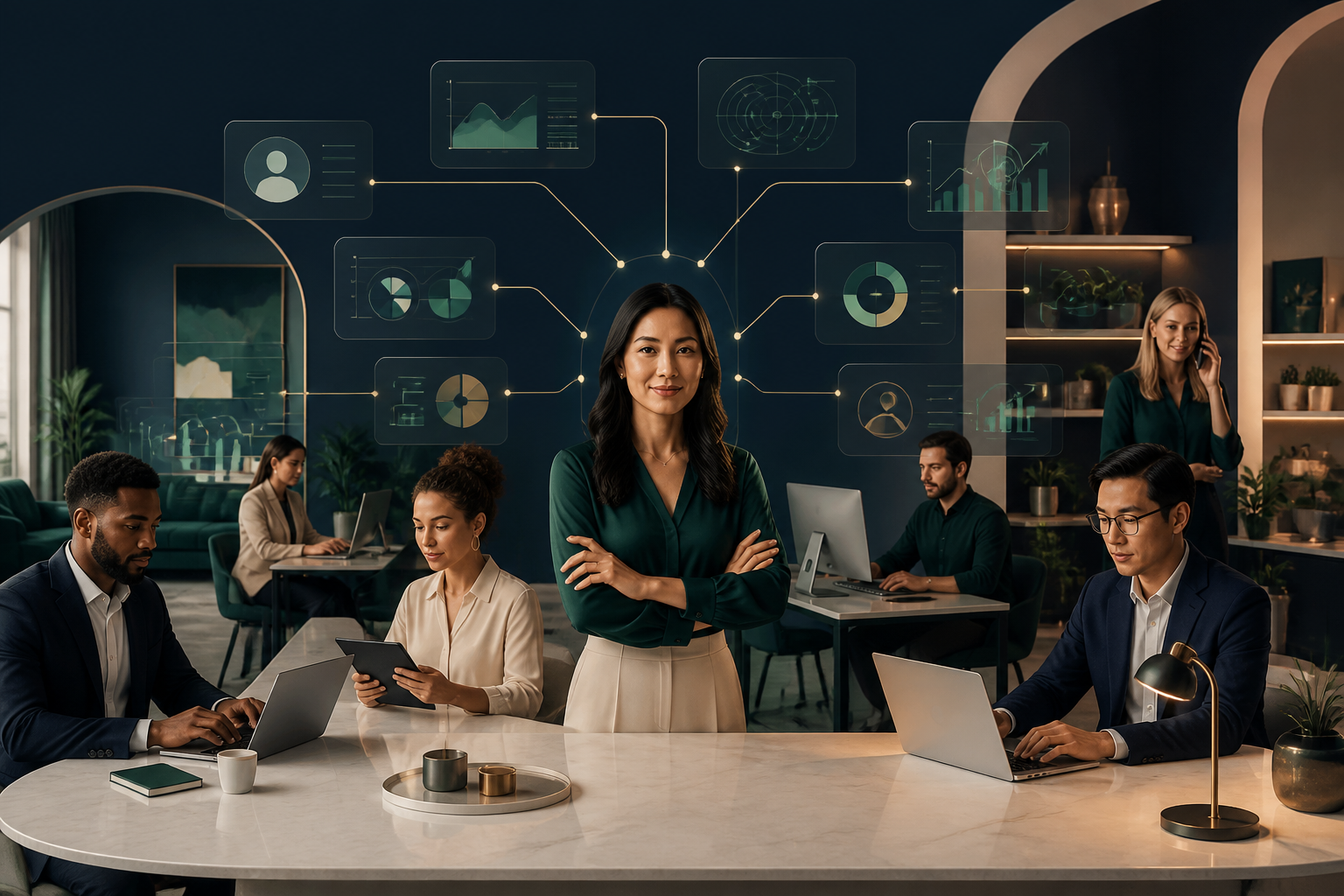 Growing business team connected to lead generation, support, marketing, sales, automation, research and analytics