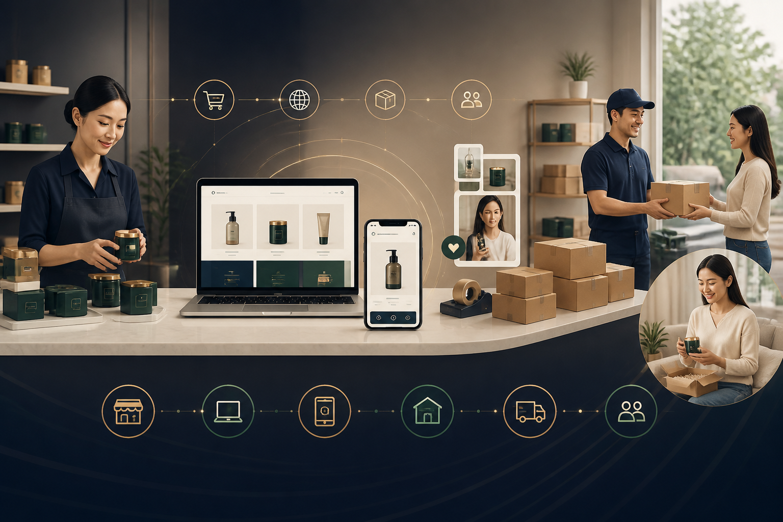 Small product business moving from an offline shop to a website, online store, digital advertising, customers and fulfilment